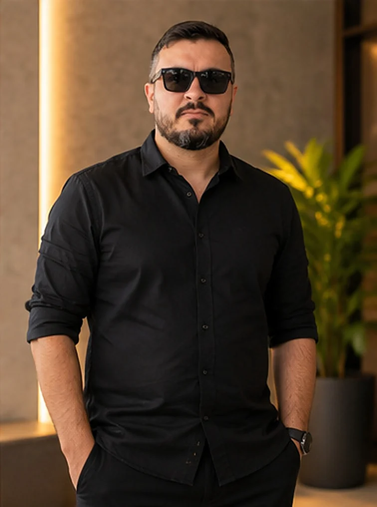 Marco Tulio, de camisa preta, em um ambiente de escritório